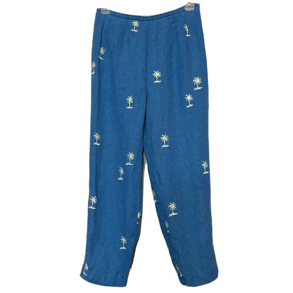 talbots 100% irish linen blue pants 6 palm trees tropical vaca cruise cropped - Picture 1 of 3